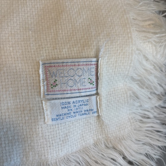 Vintage WELCOME HOME Pink White Wide Striped Fringed Baby Blanket 35" X 35" - Picture 2 of 5